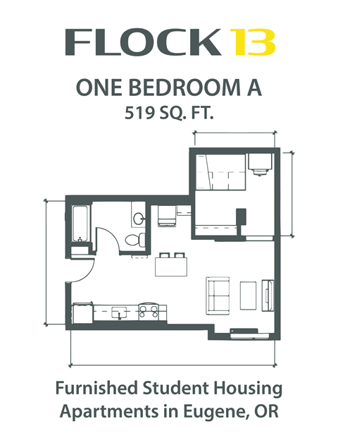 Floor plan for 1 bed, 1 bath, 519 sqft